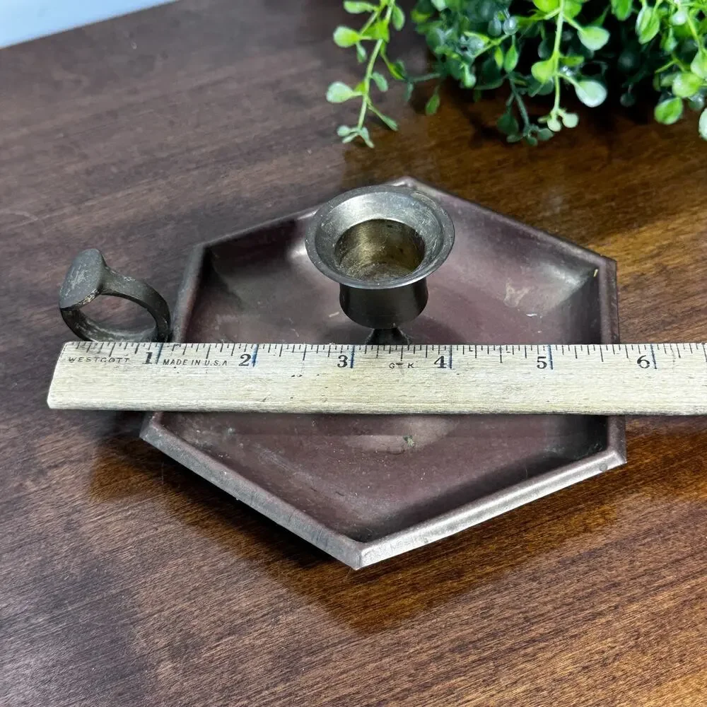 Vintage Brass Chamberstick Candle Holder 6-Sided Hexagonal India Y5